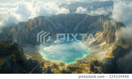 Breathtaking aerial view of a serene turquoise lake nestled within a majestic volcanic caldera. 124334440