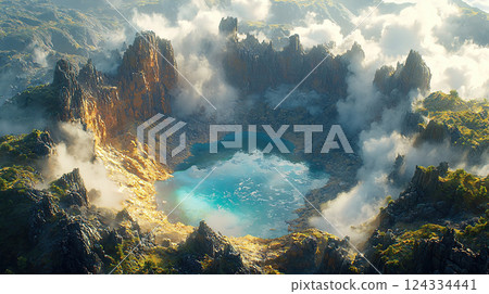 Aerial view of a stunning crater lake nestled among rugged mountains partially veiled in clouds. 124334441