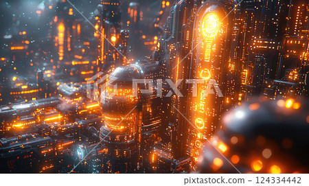 Vibrant, futuristic cityscape with glowing lights and intricate architectural details showcases an advanced technological era. 124334442