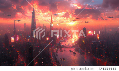 Experience the glow of a futuristic metropolis with flying vehicles under a fiery sky at sunset. 124334443