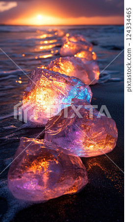 A line of vibrant ice formations shimmer on a black sand beach under a golden sunset. 124334465