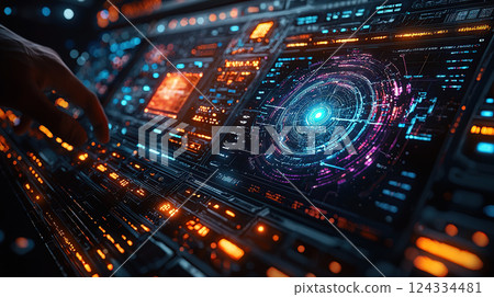 A hand interacts with a vibrant, futuristic interface with glowing neon lights, evoking a sense of advanced technology. 124334481