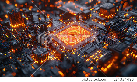 Close-up reveals an illuminated circuit board's intricate design, highlighting advanced technology with glowing pathways. 124334486
