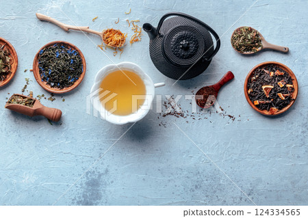 Loose tea leaves. An assortment of herbal, floral, and fruit teas 124334565