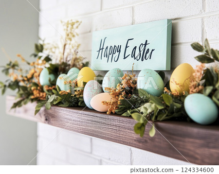 Blue Happy Easter wooden sign, Easter eggs, spring twigs on wooden fireplace shelf, white brick wall Blue Happy Easter wooden sign, Easter eggs, spring twigs on wooden fireplace shelf, white brick wall 124334600