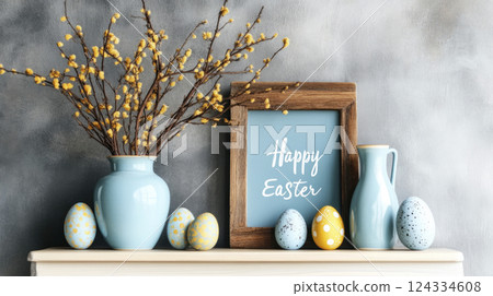 Happy Easter message, Easter eggs, spring branches on mantelpiec. Gentle blue tones on gray backdrop Happy Easter message, Easter eggs, spring branches on mantelpiec. Gentle blue tones on gray backdrop 124334608