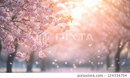 Cherry blossom petals dancing in the spring breeze 124334704