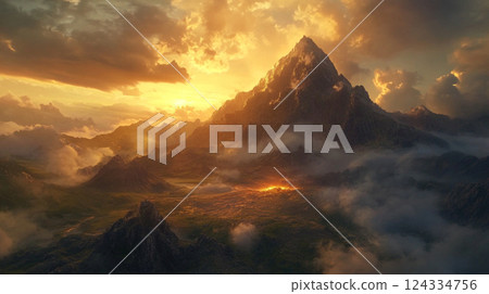 A magnificent panoramic view of the mountains and the sunrise 124334756