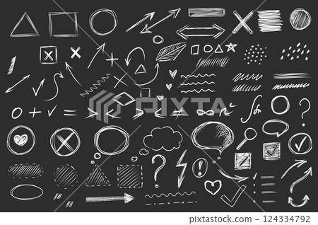 Hand drawn mega set elements in flat graphic design. Collection objects of doodle shapes, arrows, cross, round, dots, math symbols, speech bubble, question mark, heart, other. Vector illustration. 124334792