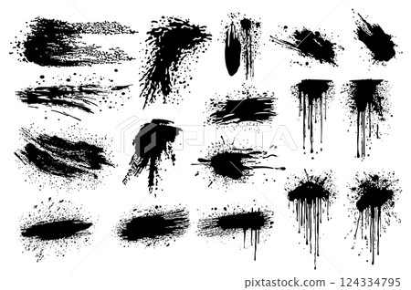 Grunge black ink splatters set elements in flat graphic design. Collection of liquid strokes and spots with messy grainy texture, flowing stains and blobs with splash drops. Vector illustration. 124334795