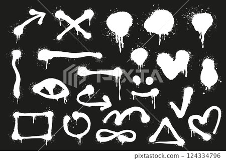 Graffiti spray lines set elements in flat graphic design. Bundle objects of grunge ink stain and drips in arrow, cross, heart, eye, square, triangle, circles and other symbols. Vector illustration. 124334796