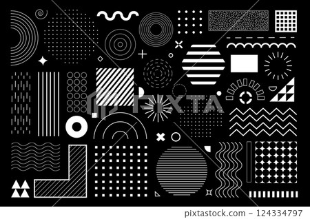 Geometric shapes mega set elements in flat graphic design. Bundle objects of circles, squares, triangles, hexagons with halftone, dots and lines pattern, waves and curve lines. Vector illustration. 124334797