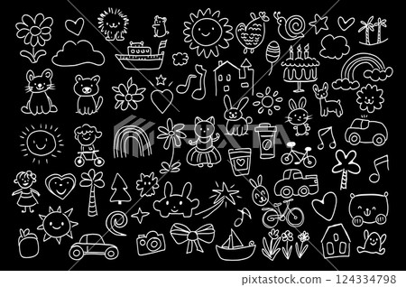 Cute hand drawn doodles mega set elements in flat graphic design. Collection objects of flowers, hearts, clouds, lion, ship, sun, snail, stars, palm, rainbow, cat, dog and other. Vector illustration. Cute hand drawn doodles mega set elements in flat graphic design. Collection objects of flowers, hearts, clouds, lion, ship, sun, snail, stars, palm, rainbow, cat, dog and other. Vector illustration. 124334798