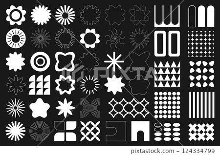 Brutalist geometric shapes mega set elements in flat graphic design. Bundle objects of simplicity symbols with flowers, suns, stars, circles, squares, grids, curves and other. Vector illustration. Brutalist geometric shapes mega set elements in flat graphic design. Bundle objects of simplicity symbols with flowers, suns, stars, circles, squares, grids, curves and other. Vector illustration. 124334799