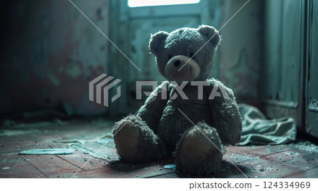 Teddy bear toy sitting alone on the floor in a room of an old abandoned house.Dramatic scary background, horror concept. 124334969
