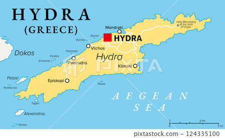 Hydra, Greek island, political map. One of Saronic Islands of Greece in the Aegean Sea. Also Ydra or Idra, and in antiquity Hydrea, Greek word for water, as reference to natural springs on the island. 124335100