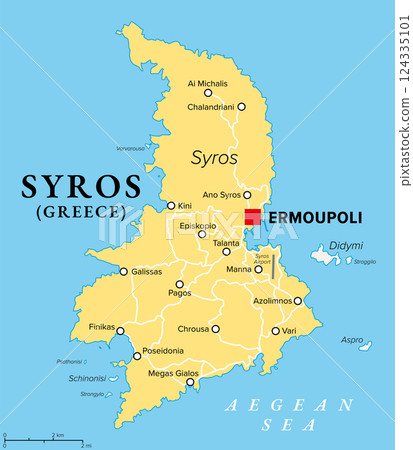 Syros, Greek island, political map. Island in the Cyclades in the Aegean Sea also called Siros or Syra. With capital and largest town Ermoupoli also known as Ermoupolis or Hermoupolis, Town of Hermes. 124335101