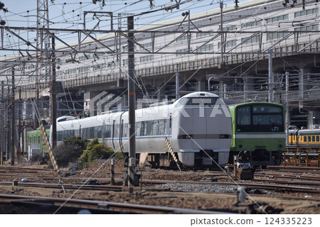 683 series and 201 series trains parked at Miyahara marshalling yard 683 series and 201 series trains parked at Miyahara marshalling yard 124335223