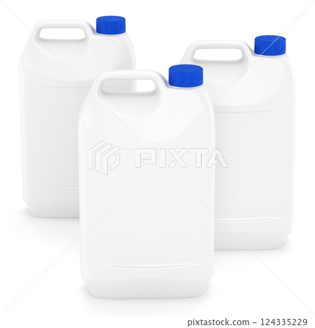 Canister for gasoline, diesel and gas. White plastic canister for technical liquids isolated. 3d rendering 124335229