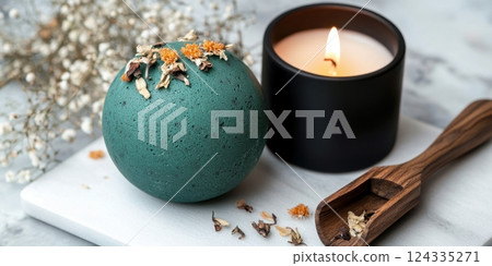 National Bath Bomb Day Herbal bath bomb and lit candle on marble with wooden scoop 124335271