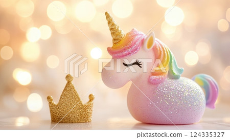 National Bath Bomb Day Colorful unicorn figurine with glitter crown on sparkling background 124335327