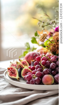 Ascension of Bahau'llah Vibrant autumn harvest: figs, grapes, peaches, floral arrangement on white plate 124335334