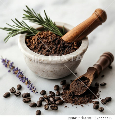 Aromatic coffee grounds in mortar with lavender and rosemary on marble surface 124335340