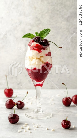 National Cherry Dessert Day Cherry parfait with fresh mint and whipped cream in a glass National Cherry Dessert Day Cherry parfait with fresh mint and whipped cream in a glass 124335360