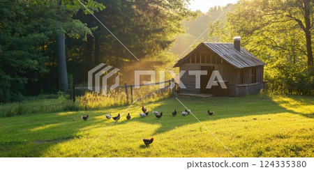 Idyllic farm scene with wooden shed and free-range chickens in sunlit meadow 124335380
