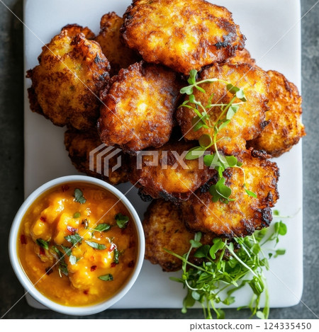 Ascencion Day (Saint Barthelemy) Crispy corn fritters with mango salsa and fresh microgreens on plate 124335450