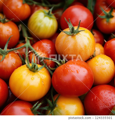 British Tomato Fortnight Vibrant assortment of fresh red and yellow tomatoes with green stems British Tomato Fortnight Vibrant assortment of fresh red and yellow tomatoes with green stems 124335501