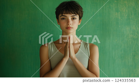 Pretty young girl with short hair meditating in the lotus position 124335563