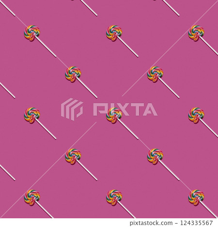 Pattern of colorful lollipops on pink background. Creative candy concept. Colorful sweet food background. Pattern of colorful lollipops on pink background. Creative candy concept. Colorful sweet food background. 124335567