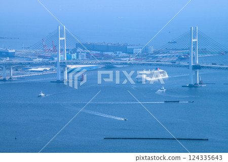 Yokohama cityscape in Japan. First arrival. Europa II approaching Yokohama Bay Bridge on March 25th. 124335643