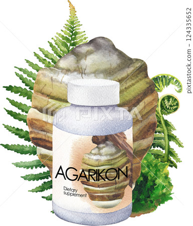 Realistic watercolor plastic bottle of an Agarikon mushroom supplement decorated with fern leaves and moss Realistic watercolor plastic bottle of an Agarikon mushroom supplement decorated with fern leaves and moss 124335652