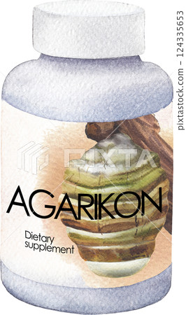 Realistic watercolor plastic bottle of an Agarikon mushroom supplement. 124335653
