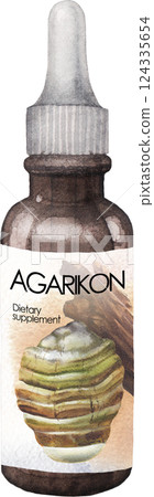 Realistic watercolor glass bottle of an Agarikon mushroom extract. 124335654