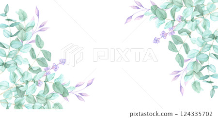 Green eucalyptus leaves with delicate purple accents create a soft watercolor frame. This botanical banner clipart is great for business cards, wedding templates, product packaging 124335702