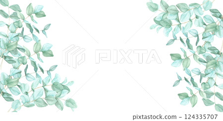 Eucalyptus branches in green shades form a delicate watercolor clipart frame. This botanical banner is ideal for invitations, branding, packaging, greeting cards, and nature-inspired digital designs Eucalyptus branches in green shades form a delicate watercolor clipart frame. This botanical banner is ideal for invitations, branding, packaging, greeting cards, and nature-inspired digital designs 124335707