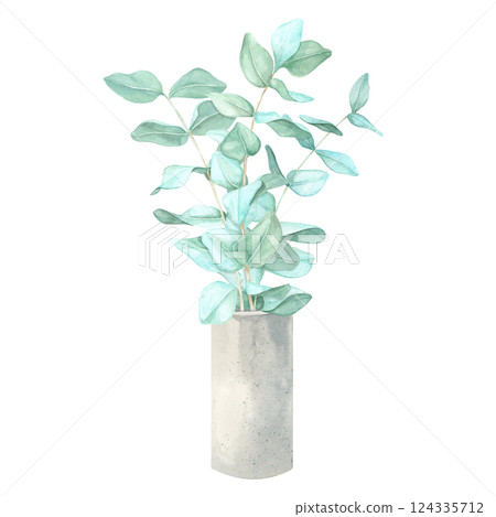 A hand-painted watercolor clipart of eucalyptus stems forming a lush bouquet in a cement vase. This natural composition is great for invitations, logo design, digital planners, and home decor. A hand-painted watercolor clipart of eucalyptus stems forming a lush bouquet in a cement vase. This natural composition is great for invitations, logo design, digital planners, and home decor. 124335712