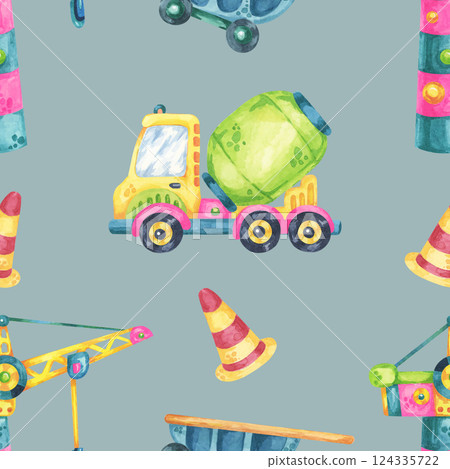 Green cement mixers, yellow cranes, and traffic cones on a dusty teal background. This watercolor seamless pattern clipart is great for kids apparel, home textiles, and themed stationery Green cement mixers, yellow cranes, and traffic cones on a dusty teal background. This watercolor seamless pattern clipart is great for kids apparel, home textiles, and themed stationery 124335722