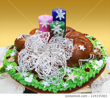 New Year's cake for sale in a store 124335801