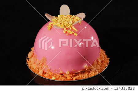 Cake Strawberry with petals on a black background - sweets for children and adults 124335828