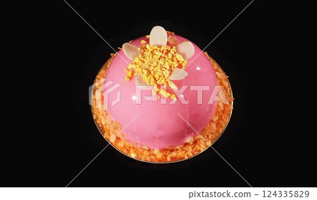Cake Strawberry with petals on a black background - sweets for children and adults Cake Strawberry with petals on a black background - sweets for children and adults 124335829