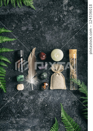 Aromatherapy and Healing Stones on Dark Surface 124336018