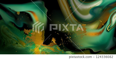 Green liquid marble texture with gold splatters 124336082