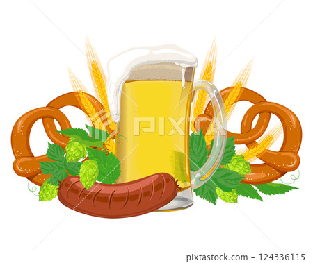 Composition of foaming beer, hops, barley ears, sausages and traditional German pretzels. Vector illustration for Oktoberfest festival. Clipart for invitation. Composition of foaming beer, hops, barley ears, sausages and traditional German pretzels. Vector illustration for Oktoberfest festival. Clipart for invitation. 124336115