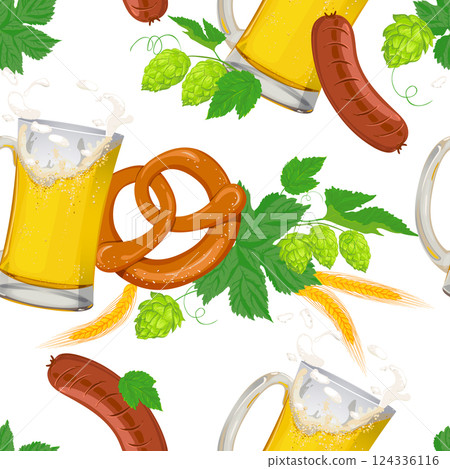 Vector seamless pattern for Oktoberfest. Background of foaming beer, hops, barley ears, sausages and traditional German pretzels. Clipart for a brewery. Vector seamless pattern for Oktoberfest. Background of foaming beer, hops, barley ears, sausages and traditional German pretzels. Clipart for a brewery. 124336116