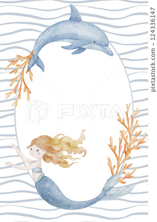 Watercolor Template with Mermaid, dolphin, and coral. Illustration of round Frame for childish invitations, greeting cards, or a baby background. Ocean Border for marine designs or nursery posters. Watercolor Template with Mermaid, dolphin, and coral. Illustration of round Frame for childish invitations, greeting cards, or a baby background. Ocean Border for marine designs or nursery posters. 124336147
