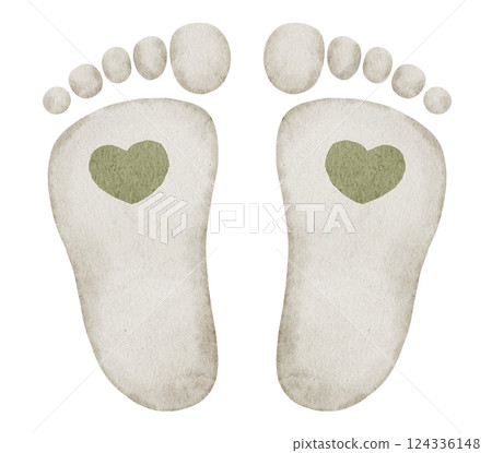 Watercolor illustration of Baby Footprints with heart. Drawing of little imprints of steps in pastel colors for baby shower invitations or newborn party greeting cards. Art for nursery poster. 124336148